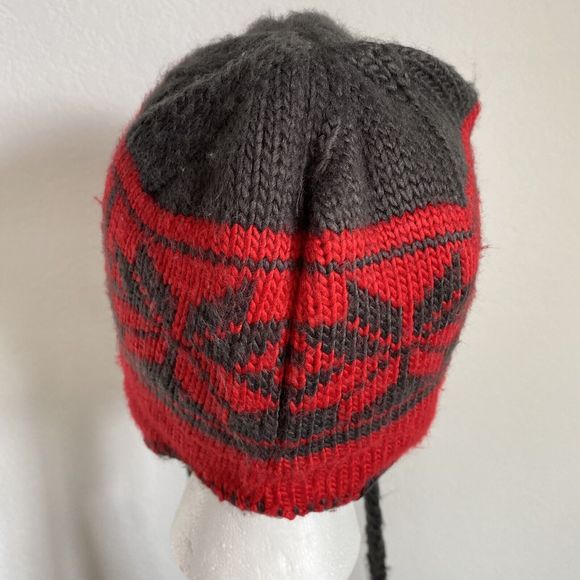 Columbia Ear Flap Hat Red Fair Isle Logo Heat Shield Pom Pom Knit Beanie Cap OS - Picture 4 of 12